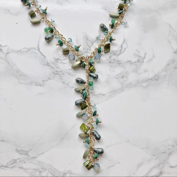 2/$30 Green Blue Gold Translucent Long Gems Stones Emerald Dangle Necklace - Picture 1 of 3